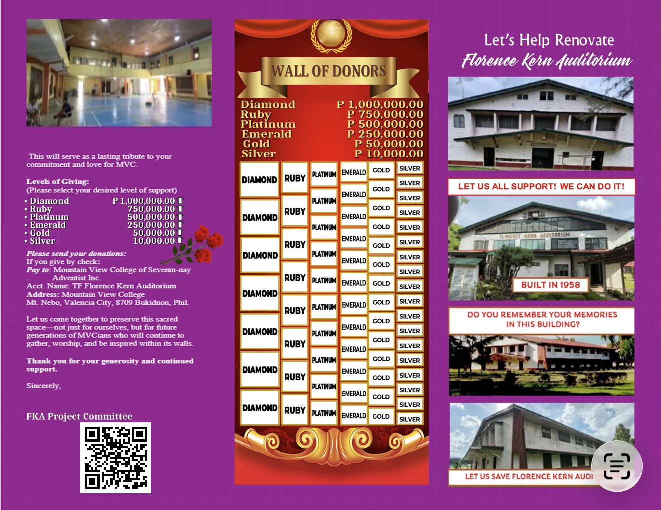 Flyer back: levels of giving and Wall of Donors
