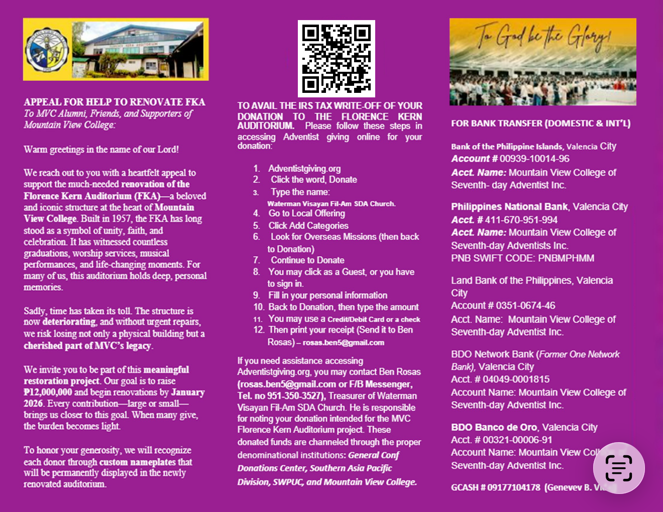 Flyer front: appeal, online giving steps, bank details